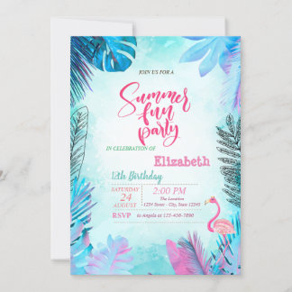 Blue Palm Blätter Pink Flamingo Sommer Geburtstag Einladung