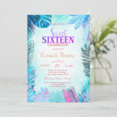Blue Palm Blätter Summer Sweet 16 Einladung (Stehend Vorderseite)
