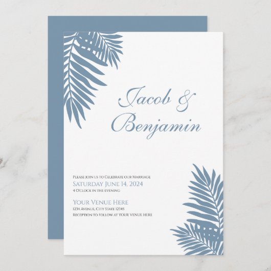 Blue Palm Leaves Celebration Invitation Einladung (Vorne/Hinten)