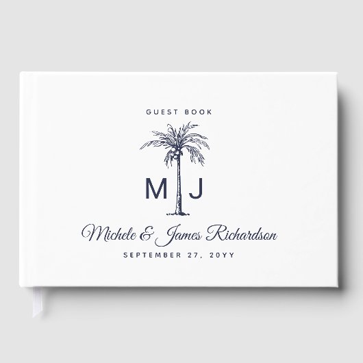 Blue Palm Monogram Tropical Beach Hochzeit Gästebuch (Vorderseite)