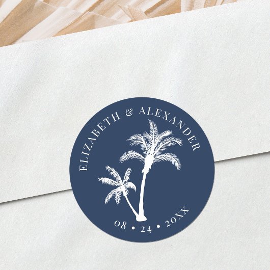 Blue Palm Tree Beach Tropical Wedding Runder Aufkleber