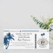Blue Palm Tree Boarding Pass Bahamas Save the Date (Stehend Vorderseite)