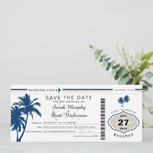 Blue Palm Tree Boarding Pass Bahamas Save the Date (Stehend Vorderseite)