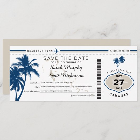 Blue Palm Tree Boarding Pass Bahamas Save the Date (Vorne/Hinten)