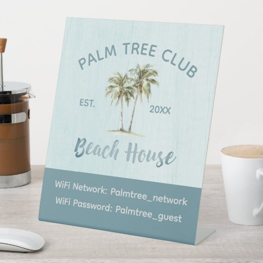 Blue Palm Tree moderne Beach House WiFi Kennwort Sockelschild (In Situ)