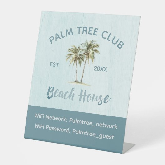 Blue Palm Tree moderne Beach House WiFi Kennwort Sockelschild (Vorderseite)