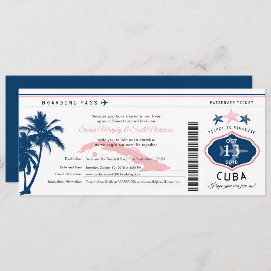 Blue Palm Tree Pink Cuba Boarding Pass Wedding Einladung (Vorne/Hinten)