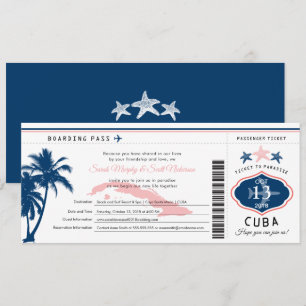 Blue Palm Tree Pink Cuba Boarding Pass Wedding Einladung