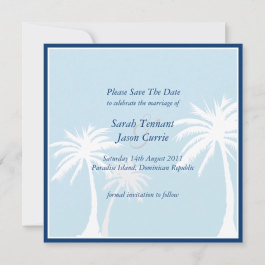 Blue Palm Tree Wedding Save the Date (Rückseite)