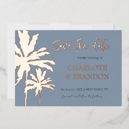 Blue Palm Trees Beach Hochzeit Save the Date Gold Folieneinladung