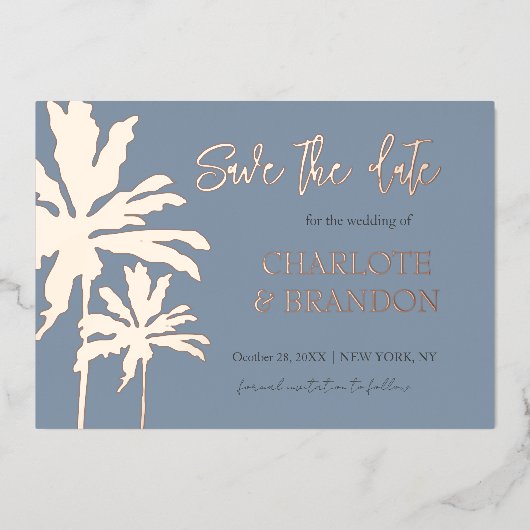 Blue Palm Trees Beach Hochzeit Save the Date Gold Folieneinladung (Vorderseite)