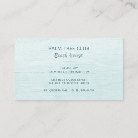 Blue Palm Tremoderne Beach House Business Card Visitenkarte (Rückseite)