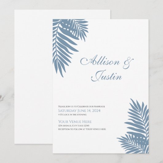 Blue Palm Wedding Einladung 5 x 7 (Vorne/Hinten)