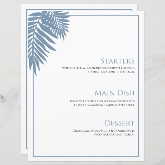 Blue Palm Wedding Menu Card 8 1/2" X 11" (Vorne/Hinten)