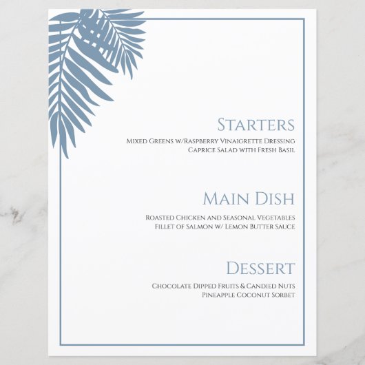 Blue Palm Wedding Menu Card 8 1/2" X 11" (Vorderseite)