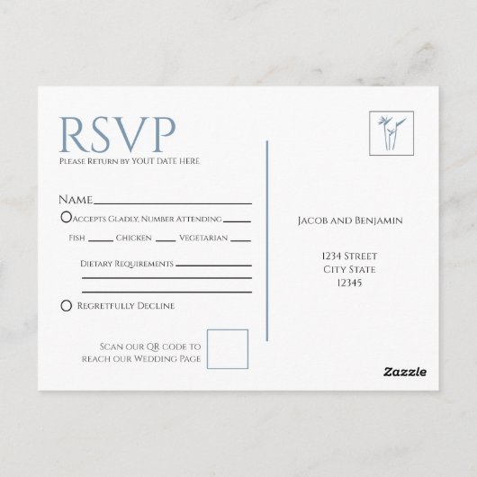 Blue Palm Wedding RSVP Postcard Postkarte (Rückseite)