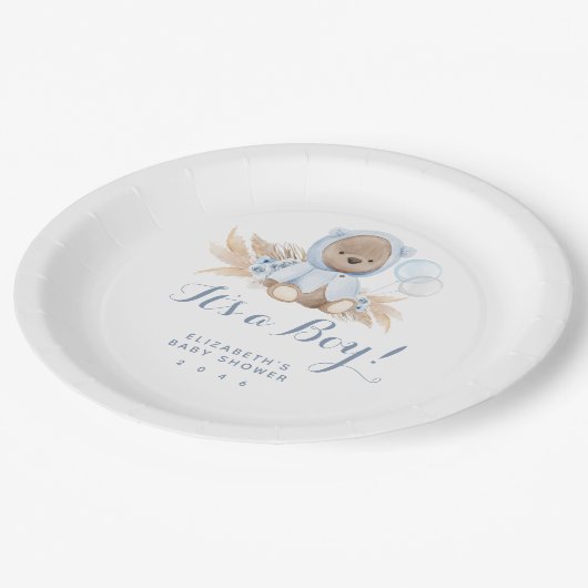 Blue Pampas Grass Boho Bear Babydusche Papiertüte Pappteller (Schrägansicht)