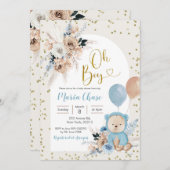 Blue Pampas Grass Boho Bear Boy Baby Dusche Einladung (Vorne/Hinten)