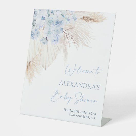 Blue Pampas Grass Boy Baby Dusche Begrüßungszeiche Sockelschild (Vorderseite)