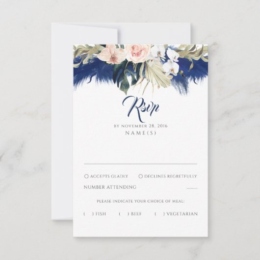 Blue Pampas Grass Floral Tropics Wedding RSVP Karte (Vorderseite)