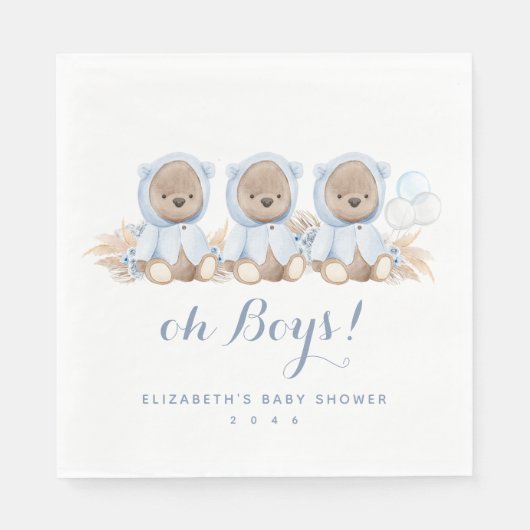 Blue Pampas Grass Triplet Bear Baby Dusche Napkins Serviette (Vorderseite)