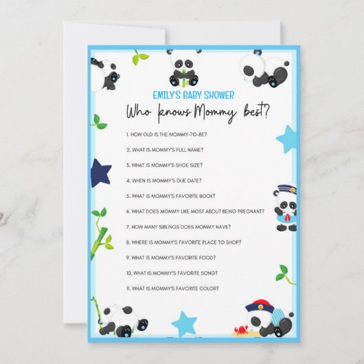 Blue Panda Baby Shower Game Size Einladung (Vorderseite)