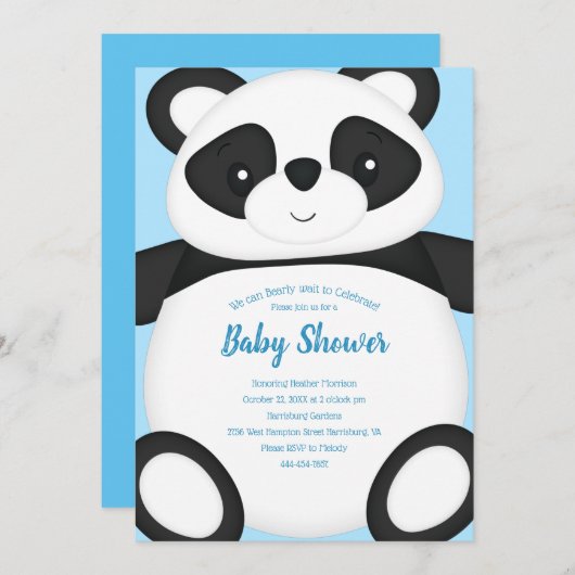 Blue Panda Bear Baby Dusche Einladung (Vorne/Hinten)