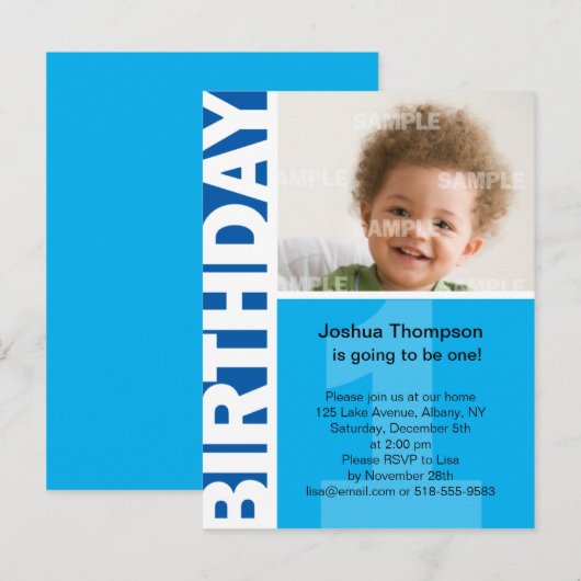 Blue Panel 1. Geburtstag Einladung (Vorne/Hinten)