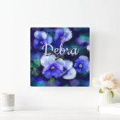 Blue Pansies Pansy Flower Floral Personalized Quadratische Wanduhr (Zuhause)