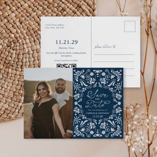 Blue Papel Picado Foto Save the Date Postkarte