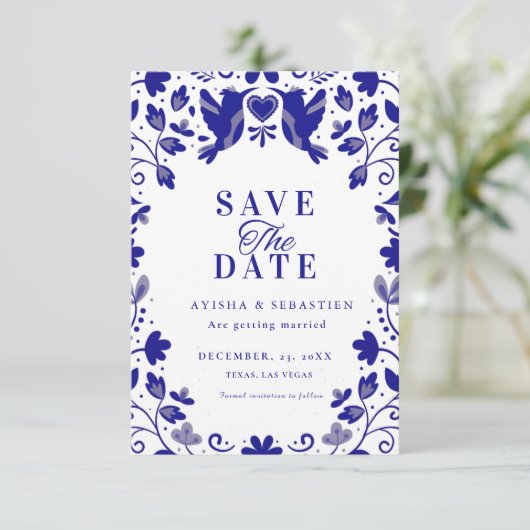 Blue Papel Picado Inspiriert Hochzeit Save The Date (Stehend Vorderseite)