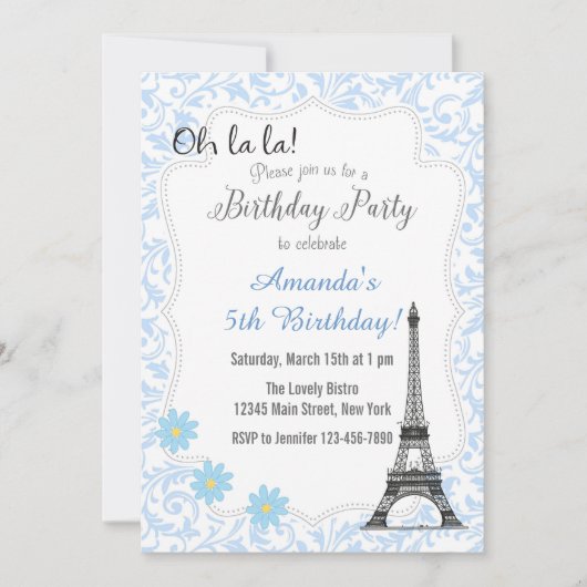 Blue Paris Romantischer Geburtstag Einladung (Vorderseite)