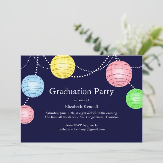 Blue Party Lantern Abschluss Einladung (Stehend Vorderseite)