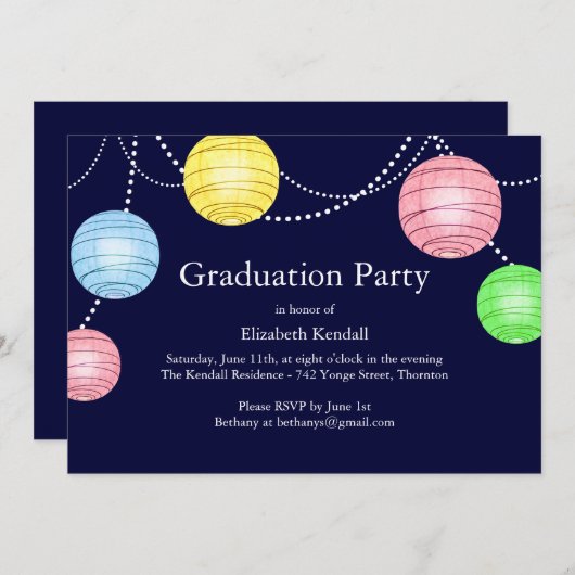 Blue Party Lantern Abschluss Einladung (Vorne/Hinten)
