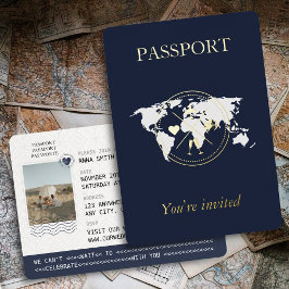 Blue Passport Gold & Navy Einzigartiges Hochzeitss Folieneinladung