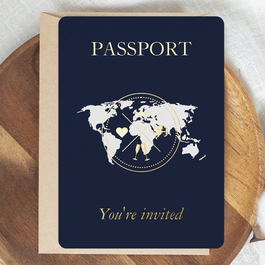 Blue Passport Gold & Navy Einzigartiges Hochzeitss Folieneinladung