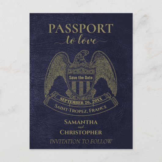 Blue Passport-Spaß Hochzeit speichern Sie das Datu Ankündigungspostkarte (Vorderseite)