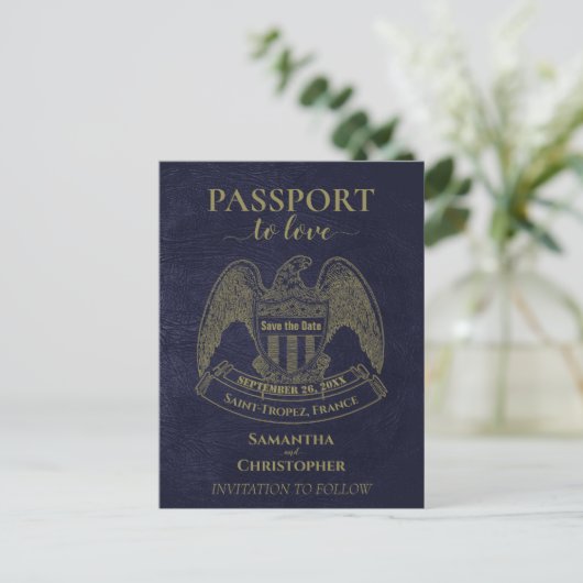 Blue Passport-Spaß Hochzeit speichern Sie das Datu Ankündigungspostkarte (Stehend Vorderseite)
