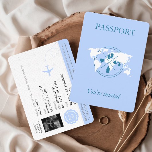 Blue Passport Travel Boy Baby Dusche Weltkarte Einladung