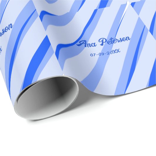 Blue pastel add name date boho retro lines pattern geschenkpapier (Rolleneckpunkt)