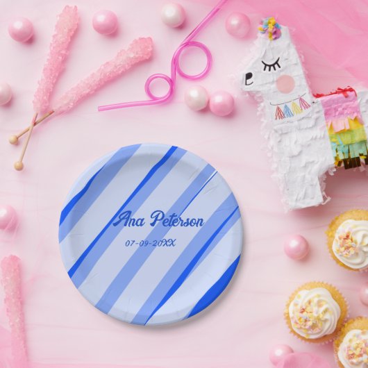 Blue pastel add name date boho retro lines pattern pappteller (Party)
