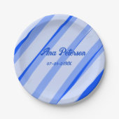 Blue pastel add name date boho retro lines pattern pappteller (Vorderseite)