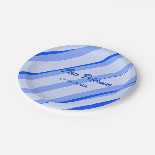 Blue pastel add name date boho retro lines pattern pappteller (Schrägansicht)