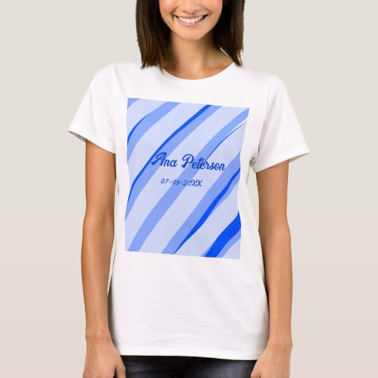 Blue pastel add name date boho retro lines pattern T-Shirt (Vorderseite)