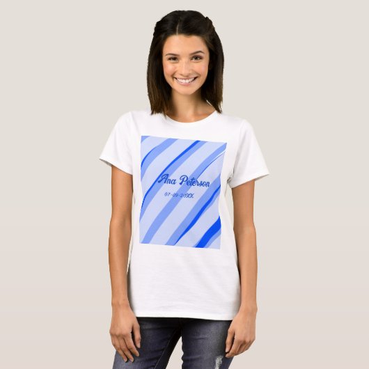 Blue pastel add name date boho retro lines pattern T-Shirt (Vorne ganz)