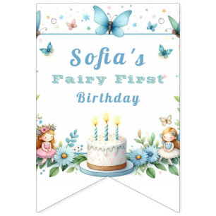 Blue Pastel Butterfly Fairy Erster Geburtstag - Wimpelkette