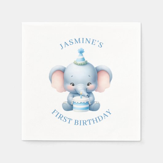 Blue Pastel Elephant Kindergeburtstag Paper Napkin Serviette (Vorderseite)