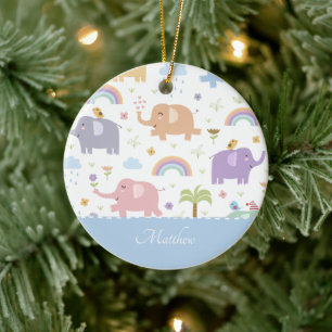Blue Pastel Elephant Pattern Little Boy Christmas Keramik Ornament