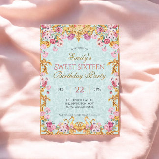 Blue Pastel Gold 16 . Geburtstag Rokoko Birthday Einladung