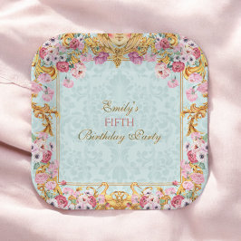 Blue Pastel Gold Fünfter Baroque Rokoko Geburtstag Pappteller